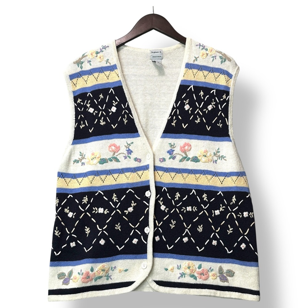 Vintage Stephanie K Knit Floral Sweater Vest Sz L Grandmacore Cottagecore Retro - Picture 2 of 7